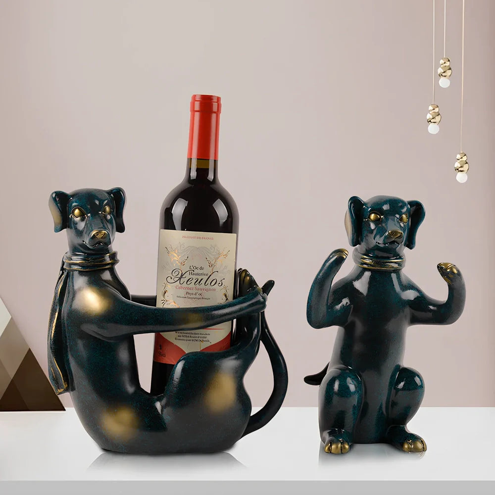 Handcrafted resin dog wine rack in sitting position measuring 23cm tall, storing wine bottle