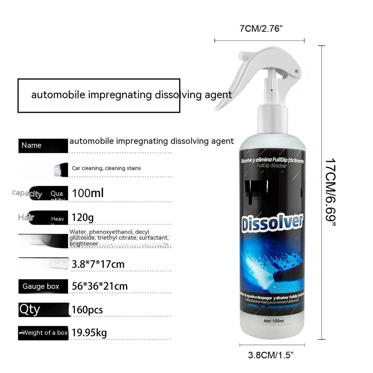 100ml bottle of car interior foam cleaning spray for seat and dashboard stain removal