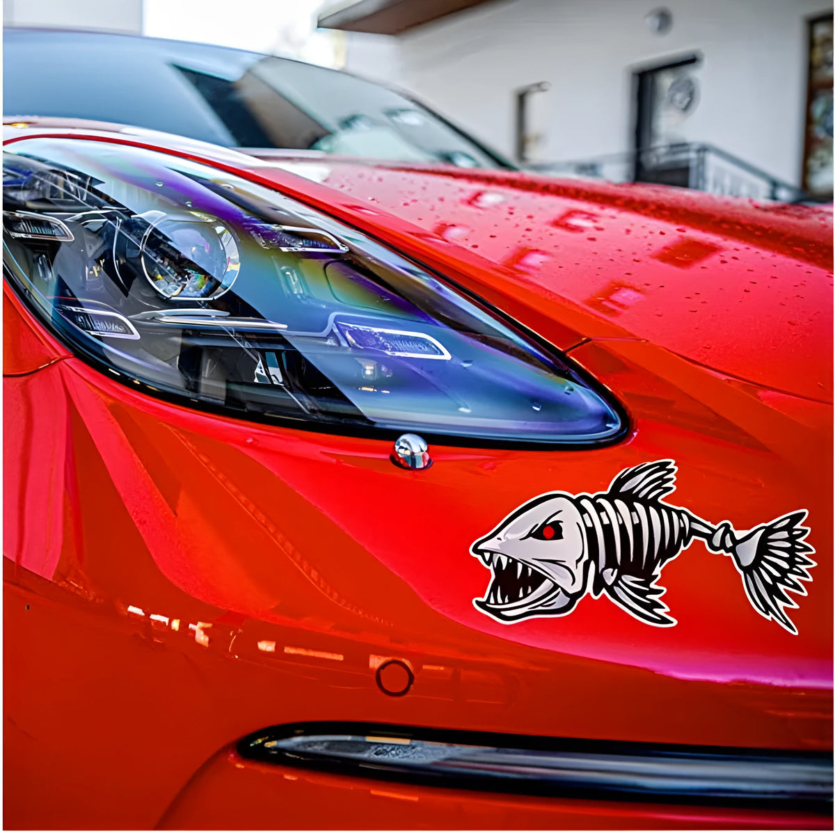 Horror skeleton shark design reflective bumper sticker for fishing gear in three size pairs.