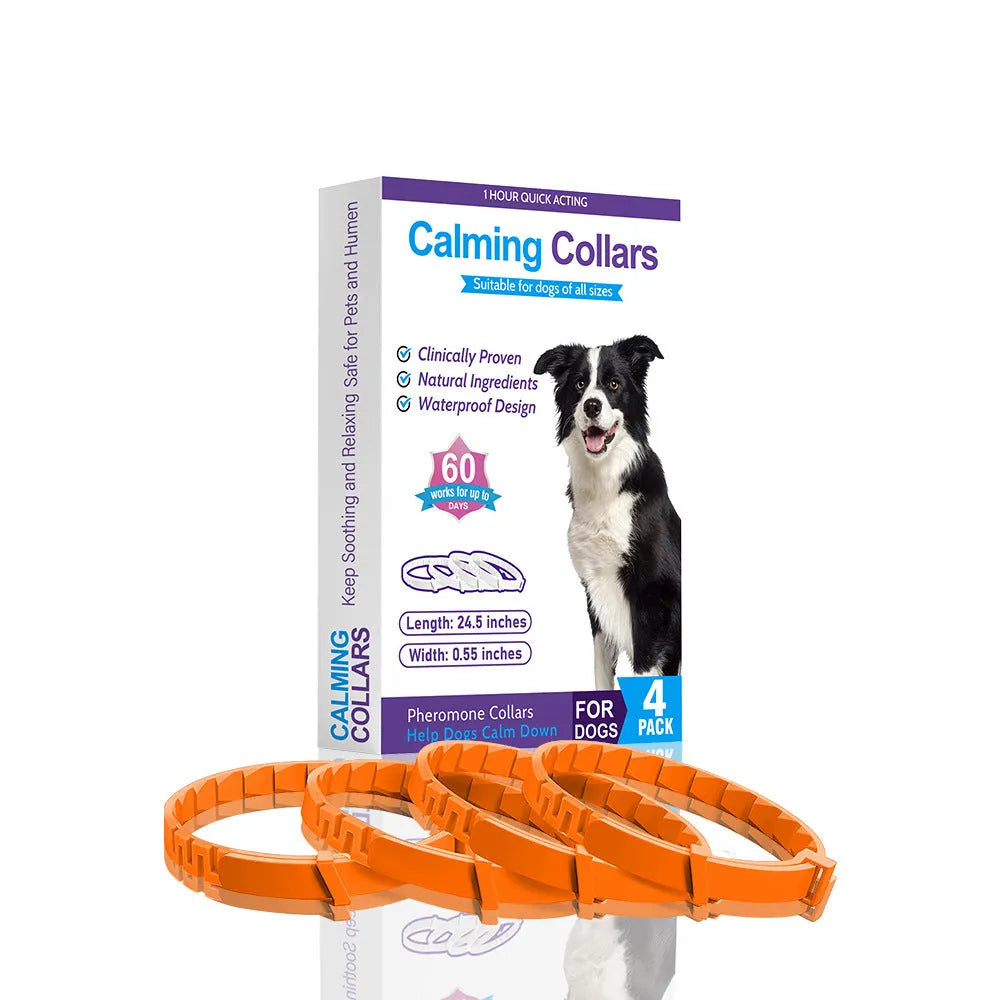 Four adjustable dog anxiety collars with Chinese style patterns in different colours showing 62cm length and TPR material