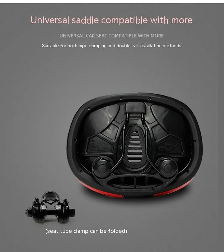 Thickened red mountain bike saddle with reflective details and shock absorber.