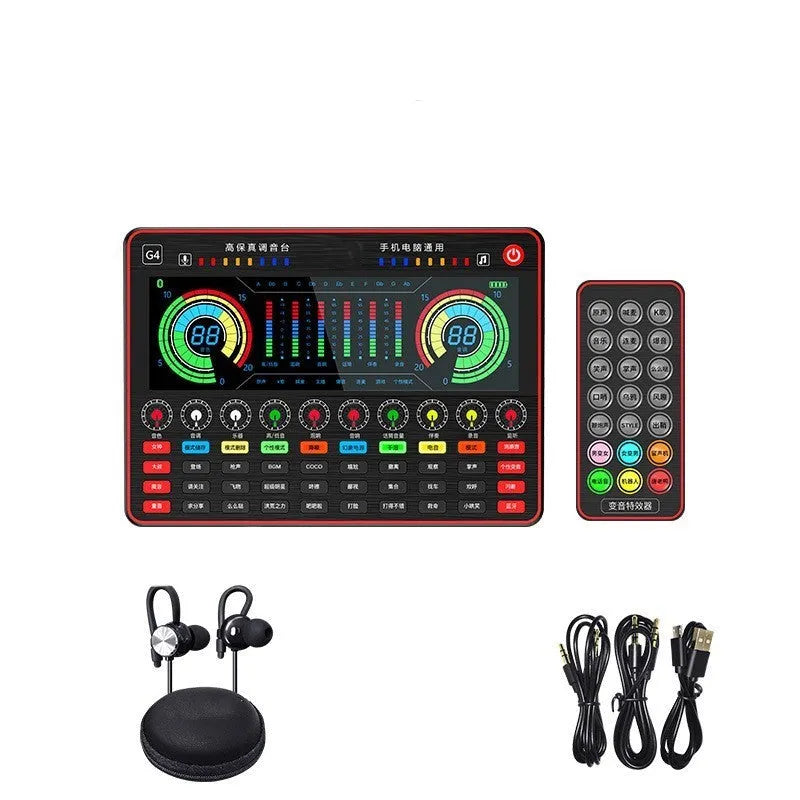 G4 professional USB sound card mixer with LCD screen, multiple knobs, and included microphone and cables