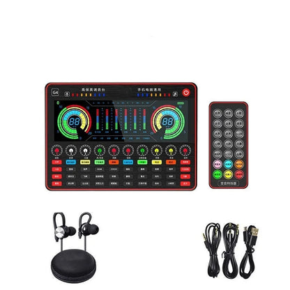 G4 professional USB sound card mixer with LCD screen, multiple knobs, and included microphone and cables