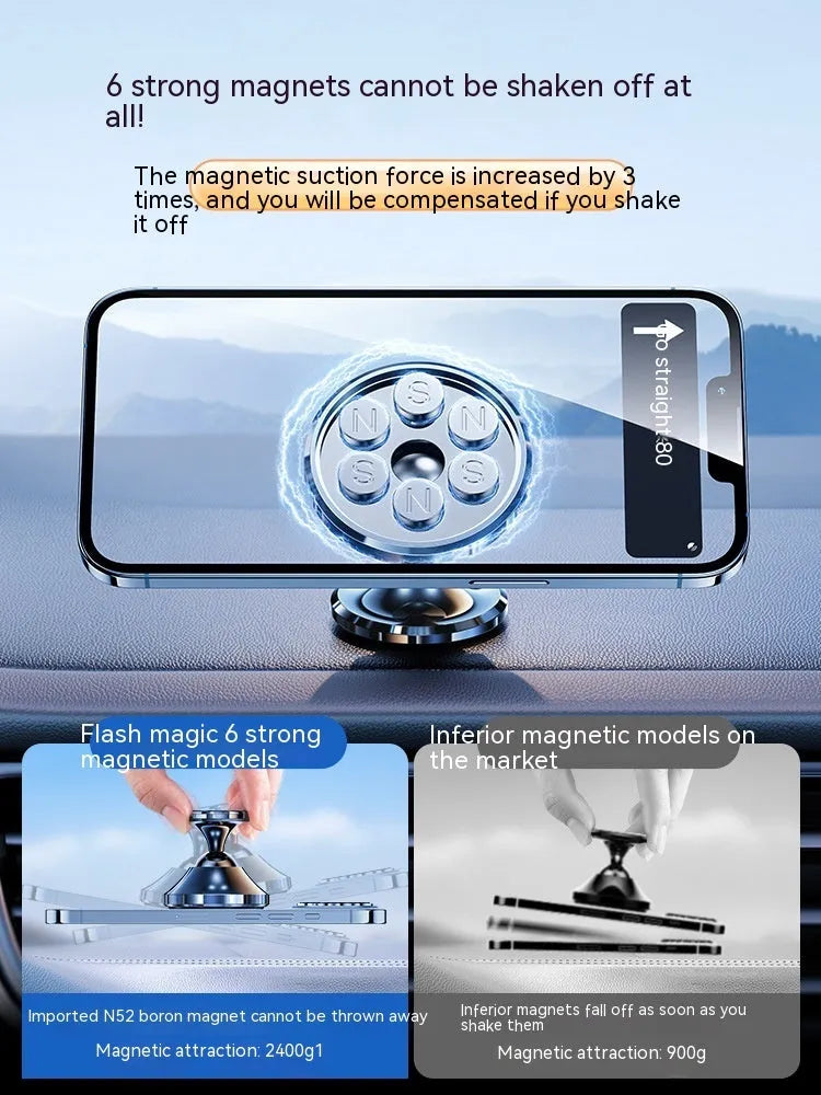 Shiny black magnetic car phone holder with alloy construction and N52 magnets for dashboard mounting