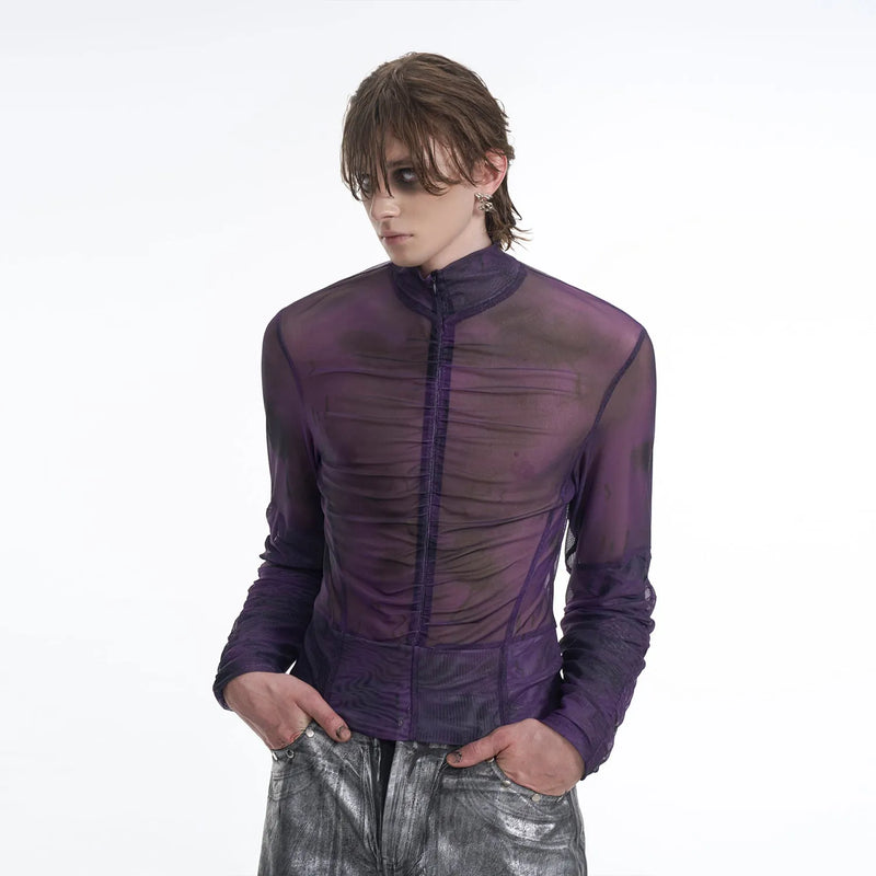 Men's long-sleeved half turtleneck mesh zipper bottoming shirt T-shirt in black grey or black red, available in sizes M, L, XL, and XXL, featuring a regular thickness fabric and common style length with a round neck collar
