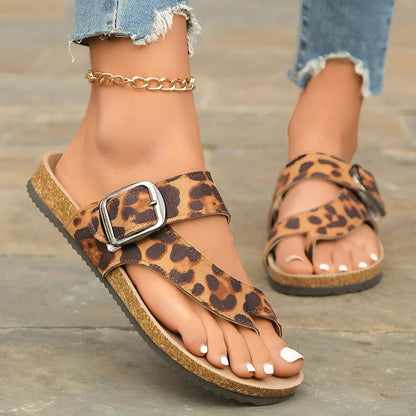 Leopard print Roman style slippers with wooden sole and round toe design