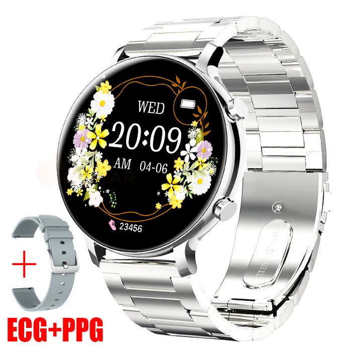 Bluetooth call smartwatch with stainless steel strap showing heart rate monitoring on screen
