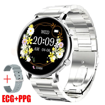 Bluetooth call smartwatch with stainless steel strap showing heart rate monitoring on screen
