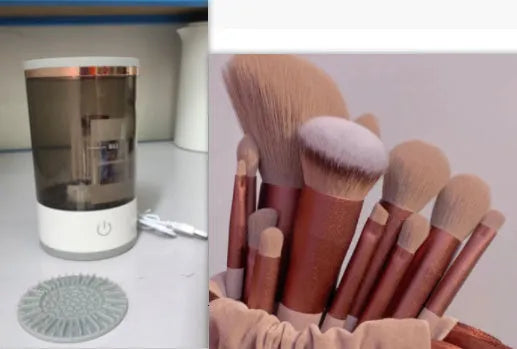 Grey and white portable electric makeup brush cleaner machine with USB charging cable