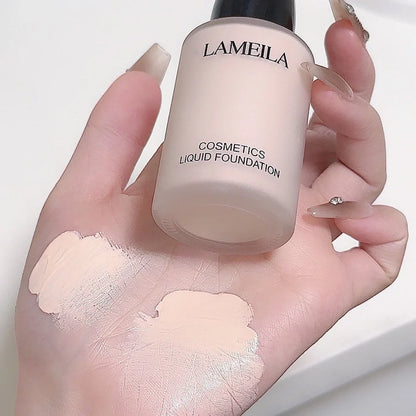 Moisturising concealer foundation bottle showing liquid texture with four shade options for skin tone correction