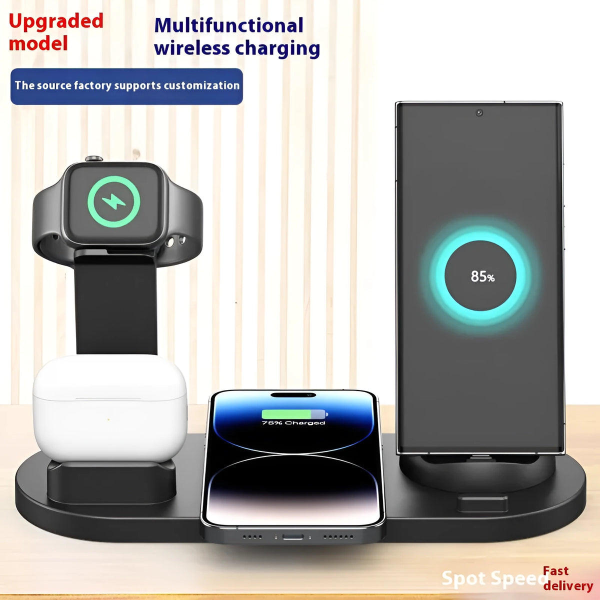 Black universal mobile phone and smartwatch charging stand with wireless pad on desk