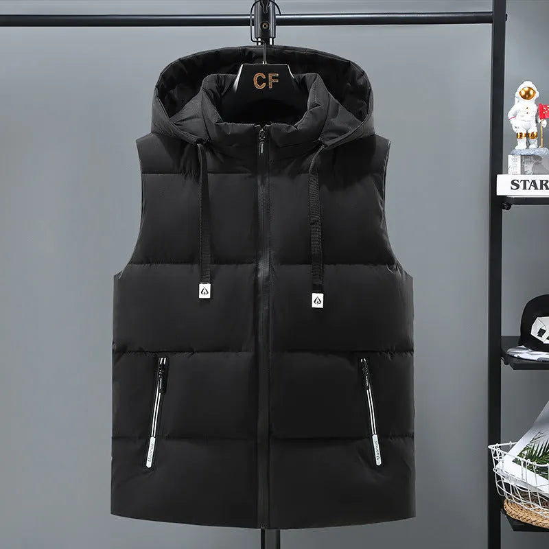 Men's solid colour thickened vest with removable cap in black or blue options