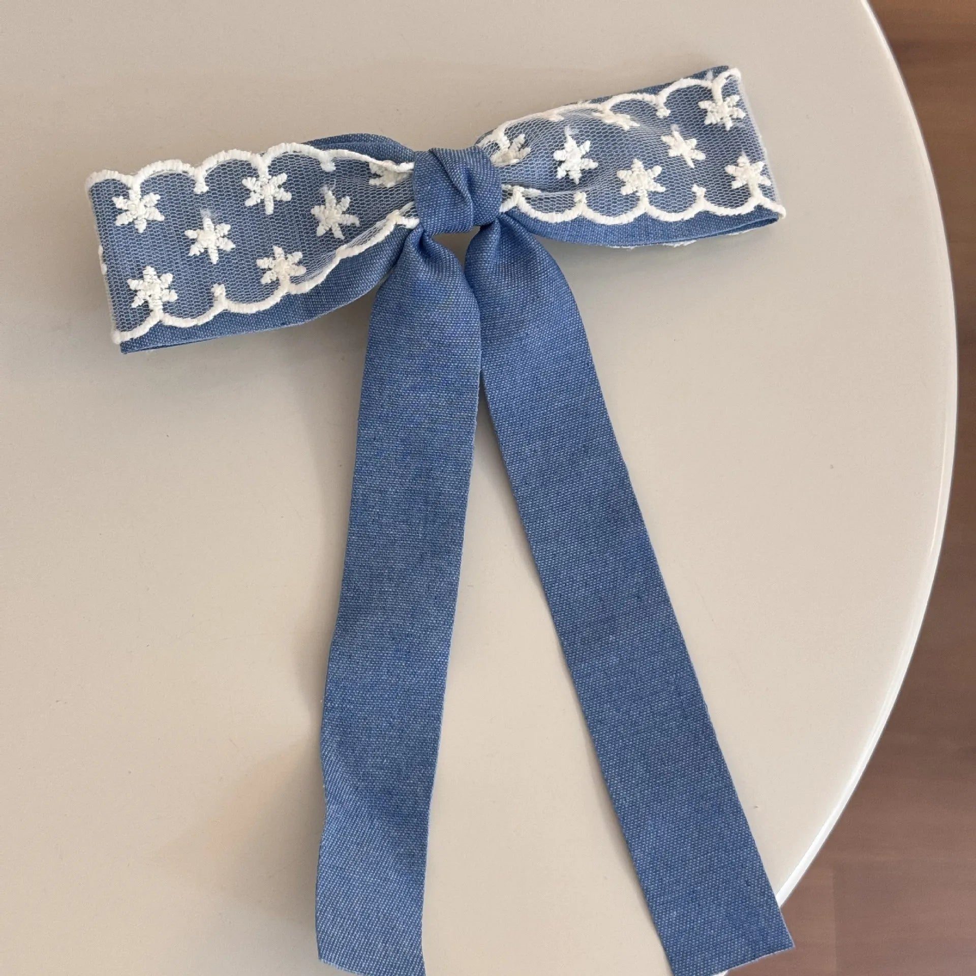 Women's cloth hair barrettes in beige lace, blue bow, oval, pearl butterfly and ribbon pastoral styles