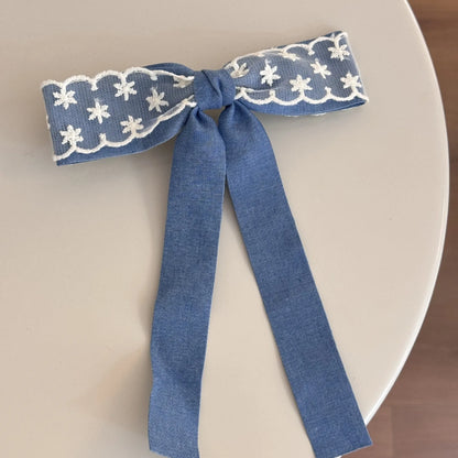 Women's cloth hair barrettes in beige lace, blue bow, oval, pearl butterfly and ribbon pastoral styles