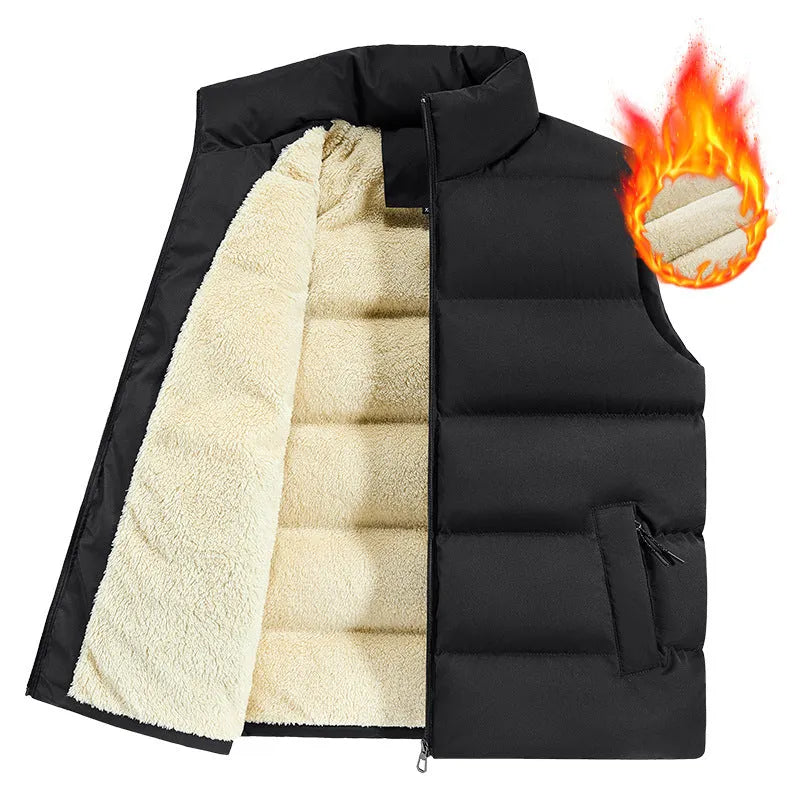 Men's striped lambswool vest in black, shown on a hanger.