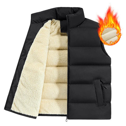 Men's striped lambswool vest in black, shown on a hanger.