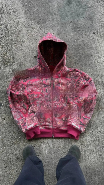 Men's loose blue hooded zip coat with digital printing showing front view