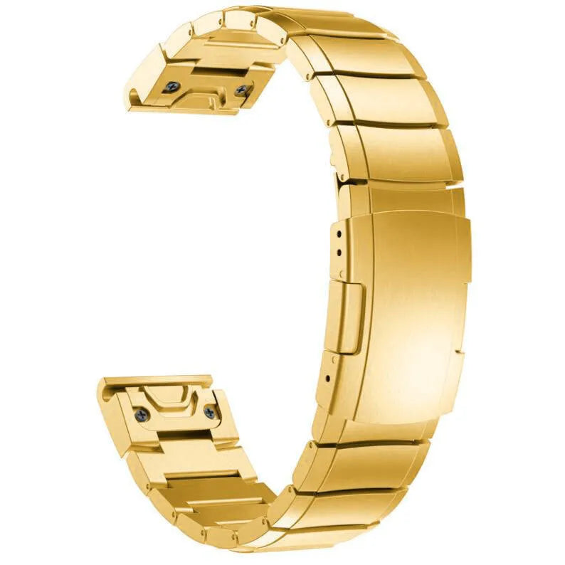 Stainless steel watch band for Garmin Fenix smartwatch, showing straight buckle and metal links.