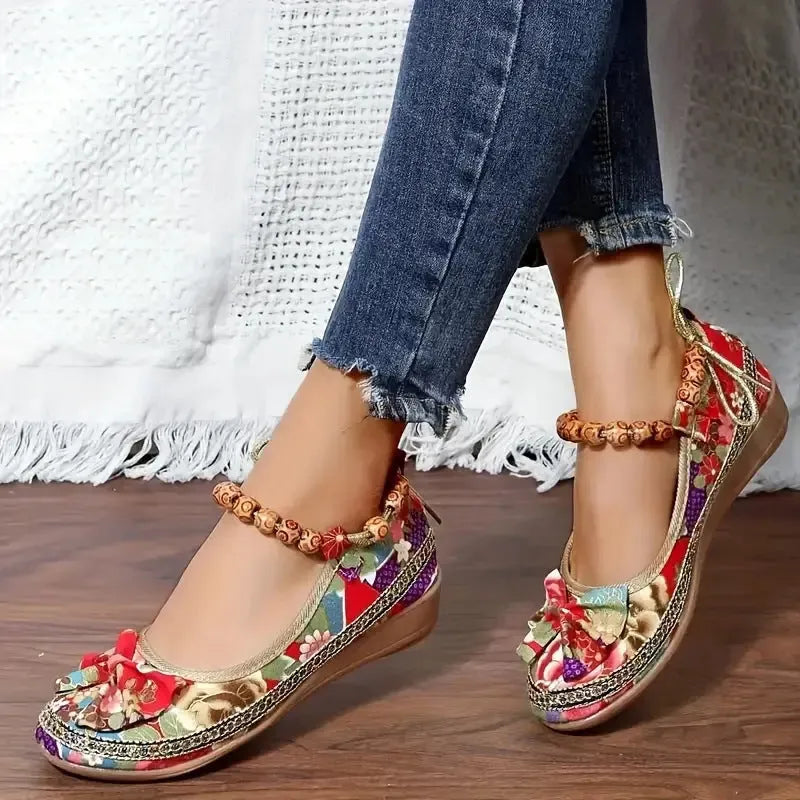 Women's black ethnic style platform sandals with cloth upper and PU sole