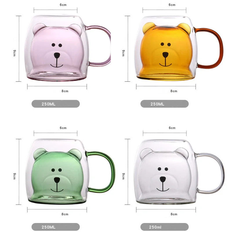 Creative Bear Double Coffee Milk Glass Cup for kids in four colours