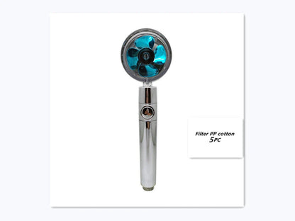 A high-pressure handheld shower head with a turbo-charged water flow and a cotton filter for a luxurious, spa-like bathing experience.