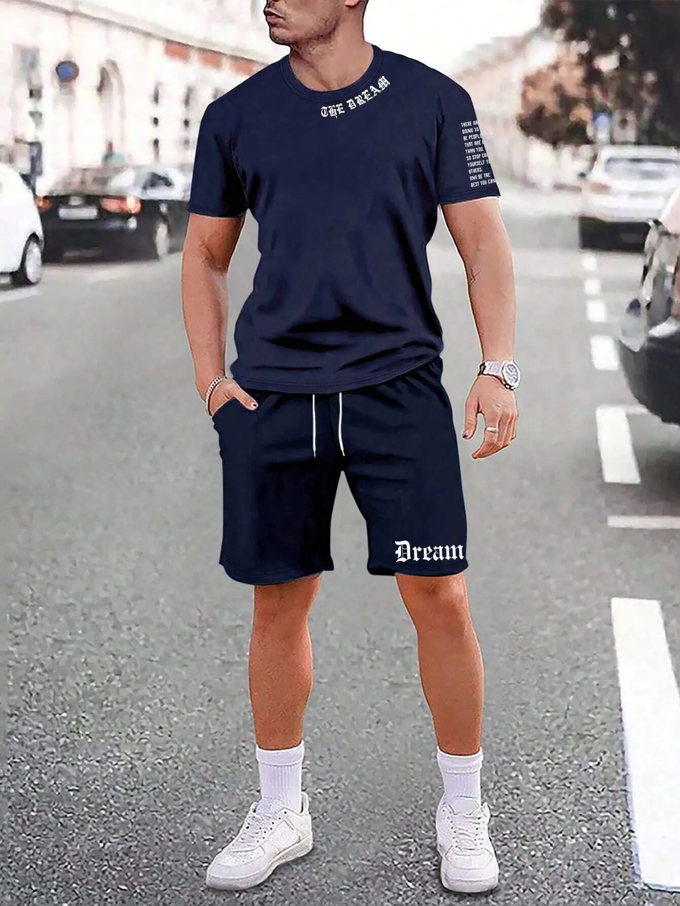 Man wearing a printed short-sleeve sports top and matching shorts in a quick-dry polyester blend.