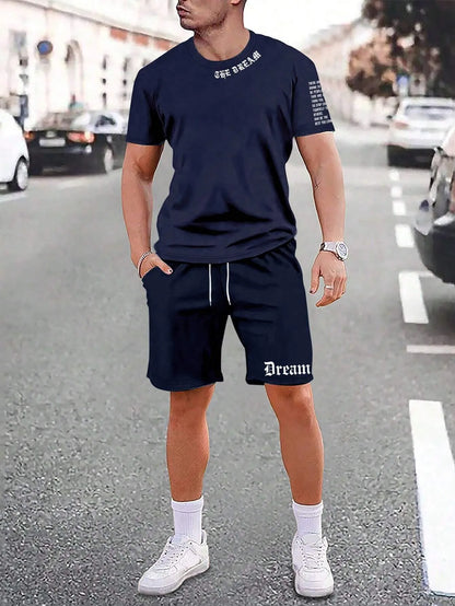 Man wearing a printed short-sleeve sports top and matching shorts in a quick-dry polyester blend.