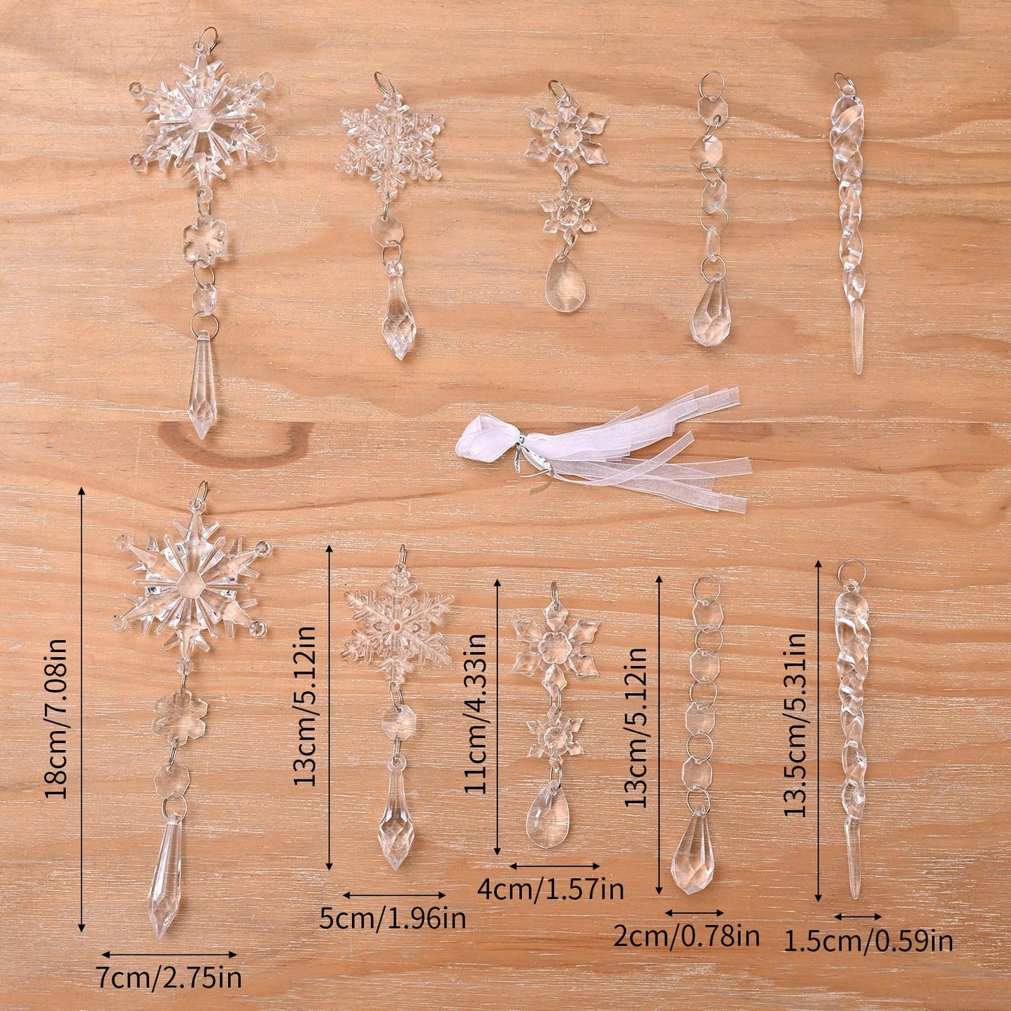 10 clear acrylic icicle ornaments with hanging holes and ribbons for easy holiday display