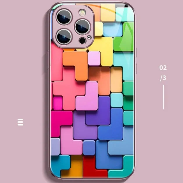 Silicone iPhone case with a colourful cartoon geometric block pattern on the back.