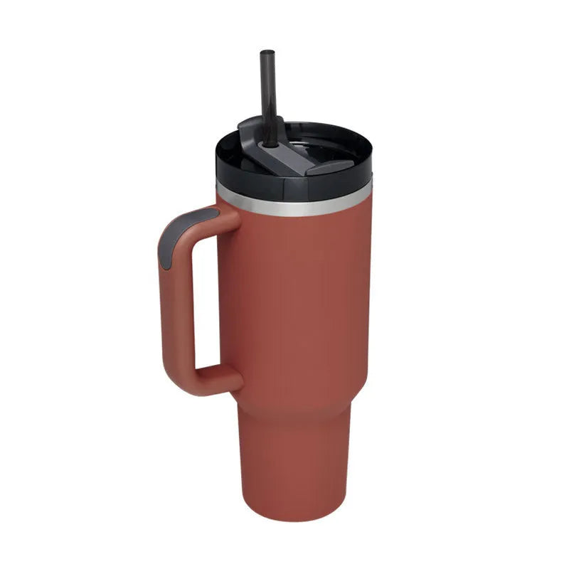 40oz stainless steel tumbler with handle and straw in various colour options showing tapered shape and spill-proof lid