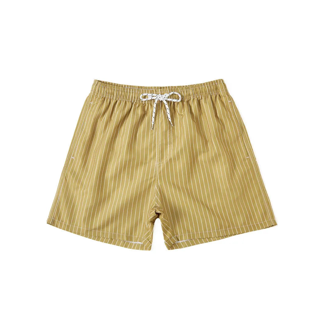 Men's navy blue striped casual shorts with a straight leg opening and triangle lining laid flat.