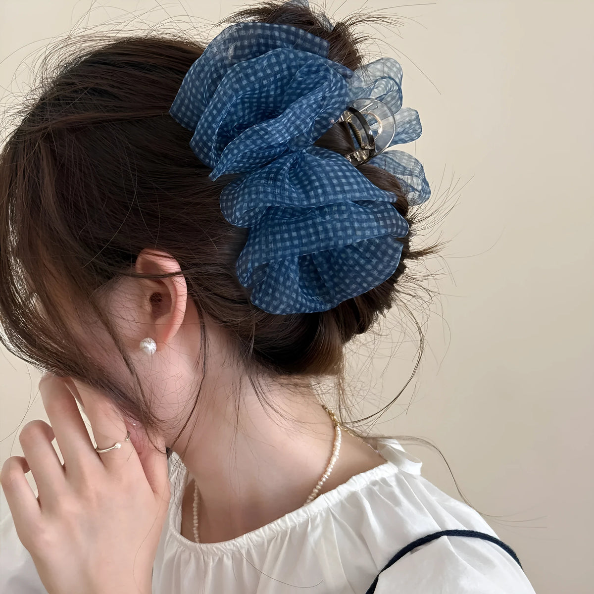 Tibetan blue grid seersucker shark hair clip with matching barrette and hair ring accessories