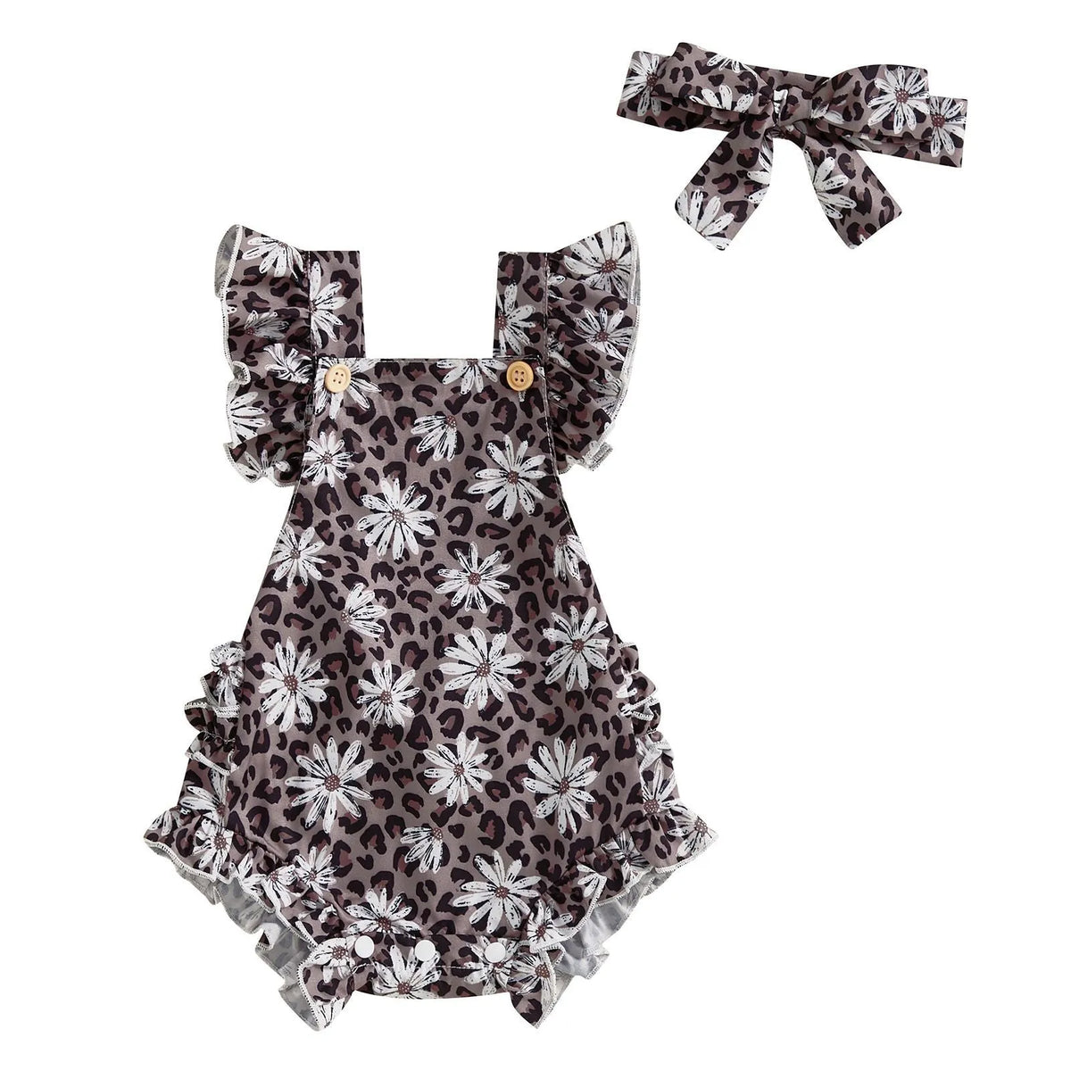 Girls floral print dress with matching headband, short sleeve pullover, available in pink, red, green, and brown, sizes 0-18 months.