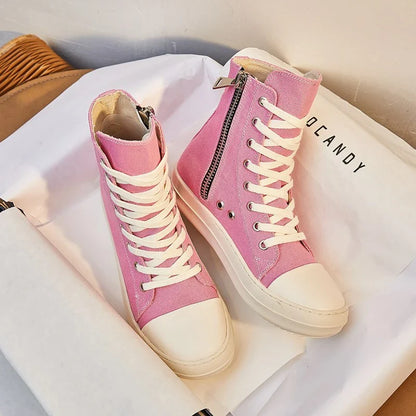 Stylish and comfortable European and American trend student casual sneakers in pink with a canvas upper and rubber sole