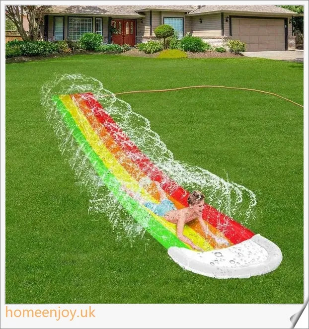 A giant multi-coloured water slide with a zig-zag sprinkler system, perfect for hours of summer fun in the backyard.