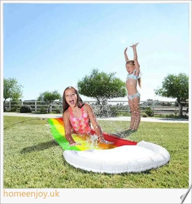 A giant multi-coloured water slide with a zig-zag sprinkler system, perfect for hours of summer fun in the backyard.
