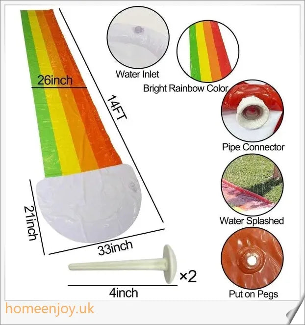 A giant multi-coloured water slide with a zig-zag sprinkler system, perfect for hours of summer fun in the backyard.