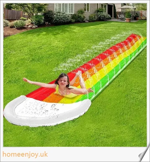 A giant multi-coloured water slide with a zig-zag sprinkler system, perfect for hours of summer fun in the backyard.