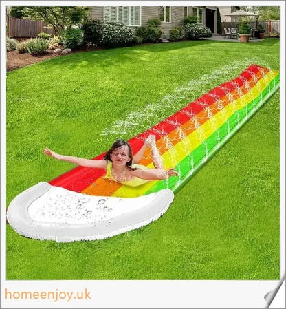 A giant multi-coloured water slide with a zig-zag sprinkler system, perfect for hours of summer fun in the backyard.