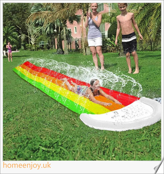 A giant multi-coloured water slide with a zig-zag sprinkler system, perfect for hours of summer fun in the backyard.