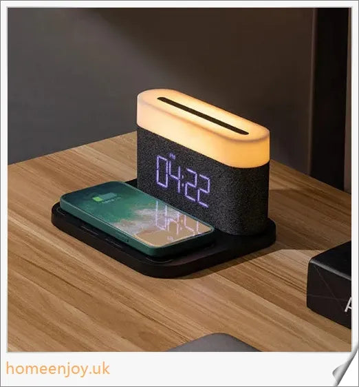 3-in-1 Wireless Charger Alarm Clock and Adjustable Night Light with Sleek Black or White Design, Perfect for Bedside Table in UK Homes