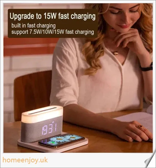 3-in-1 Wireless Charger Alarm Clock and Adjustable Night Light with Sleek Black or White Design, Perfect for Bedside Table in UK Homes