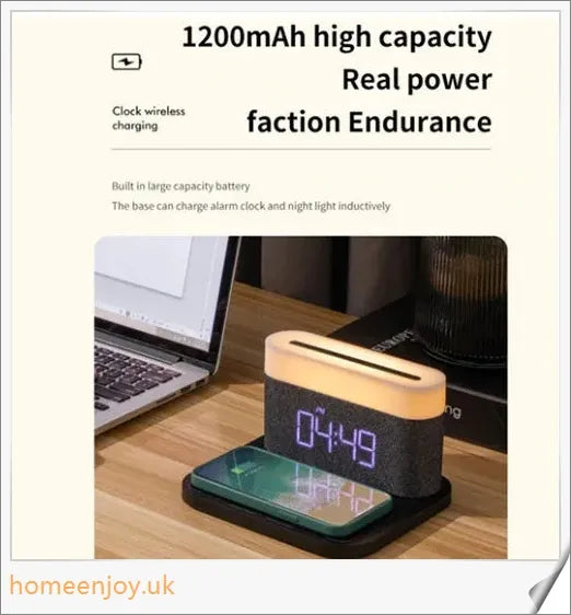 3-in-1 Wireless Charger Alarm Clock and Adjustable Night Light with Sleek Black or White Design, Perfect for Bedside Table in UK Homes