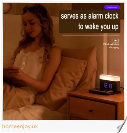 3-in-1 Wireless Charger Alarm Clock and Adjustable Night Light with Sleek Black or White Design, Perfect for Bedside Table in UK Homes