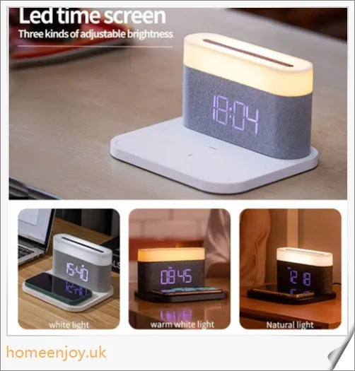 3-in-1 Wireless Charger Alarm Clock and Adjustable Night Light with Sleek Black or White Design, Perfect for Bedside Table in UK Homes
