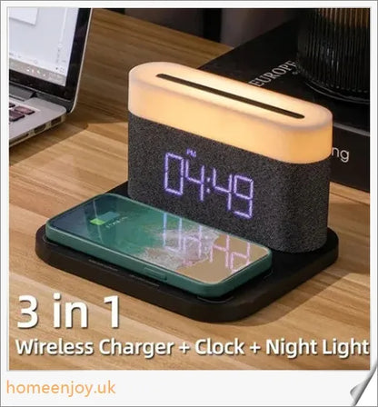 3-in-1 Wireless Charger Alarm Clock and Adjustable Night Light with Sleek Black or White Design, Perfect for Bedside Table in UK Homes