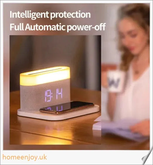 3-in-1 Wireless Charger Alarm Clock and Adjustable Night Light with Sleek Black or White Design, Perfect for Bedside Table in UK Homes