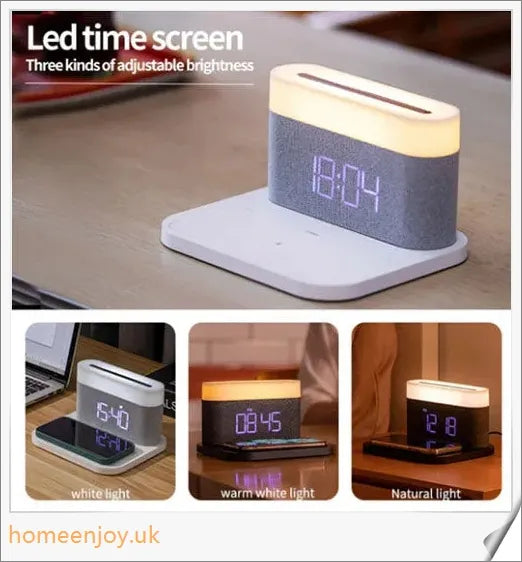 3-in-1 Wireless Charger Alarm Clock and Adjustable Night Light with Sleek Black or White Design, Perfect for Bedside Table in UK Homes