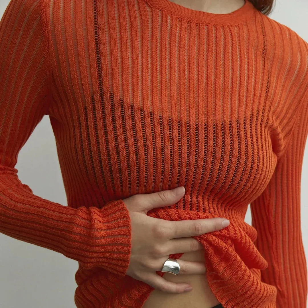 Elegant Striped Long Sleeve See-Through Top for Women in Green, featuring a flattering slim fit and breathable fabric for spring and summer wear.