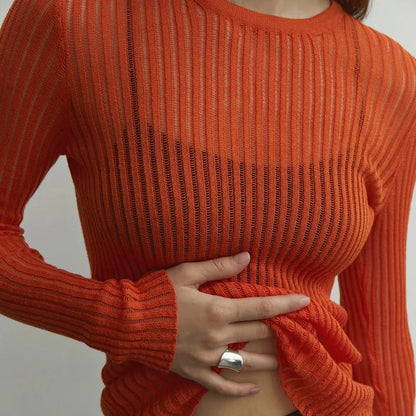 Elegant Striped Long Sleeve See-Through Top for Women in Green, featuring a flattering slim fit and breathable fabric for spring and summer wear.